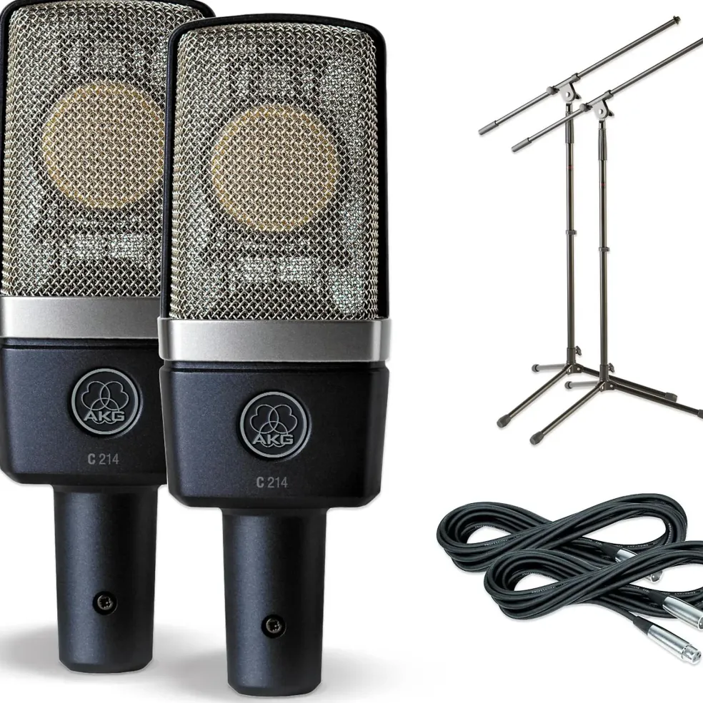 AKG C214 Large-Diaphragm Condenser Mic Cable and Stand Drum Overhead Package