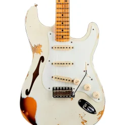 Fender Custom Shop 1956 Heavy Relic Thinline Stratocaster Electric Guitar Aged Olympic White Over Choc 2-Tone Sunburst