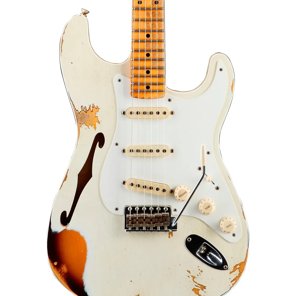 Fender Custom Shop 1956 Heavy Relic Thinline Stratocaster Electric Guitar Aged Olympic White Over Choc 2-Tone Sunburst