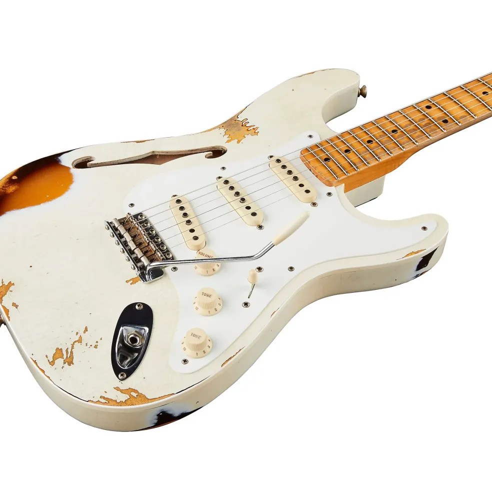 Fender Custom Shop 1956 Heavy Relic Thinline Stratocaster Electric Guitar Aged Olympic White Over Choc 2-Tone Sunburst