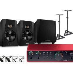 Focusrite Scarlett 2i2 Gen 4 with Adam Audio T-Series Studio Monitor Pair & T10S Subwoofer Bundle (Stands & Cables Included) T7V