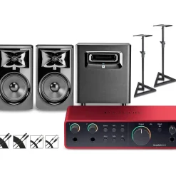 Focusrite Scarlett 2i2 Gen 4 with JBL 3 Series Studio Monitor Pair & LSR Subwoofer Bundle (Stands & Cables Included) 308MKII