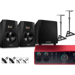 Focusrite Scarlett 4i4 Gen 4 With Adam Audio T-Series Studio Monitor Pair & T10S Subwoofer Bundle (Stands & Cables Included) T7V
