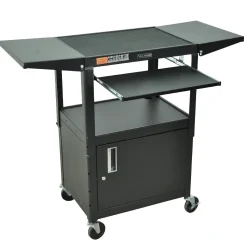 H. Wilson Adjustable Height Cart with Keyboard Tray, Locking Cabinet and Drop Leaf Shelves