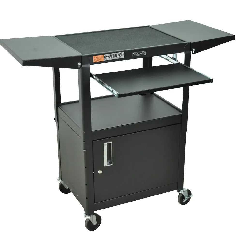 H. Wilson Adjustable Height Cart with Keyboard Tray, Locking Cabinet and Drop Leaf Shelves