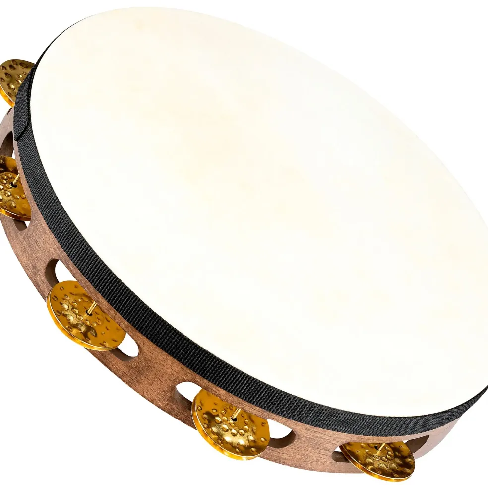 MEINL Vintage Goat-Skin Wood Tambourine One Row Brass Jingles Walnut Brown 10 in.