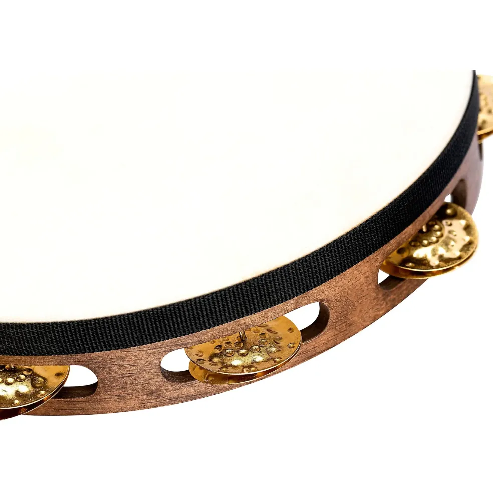 MEINL Vintage Goat-Skin Wood Tambourine One Row Brass Jingles Walnut Brown 10 in.