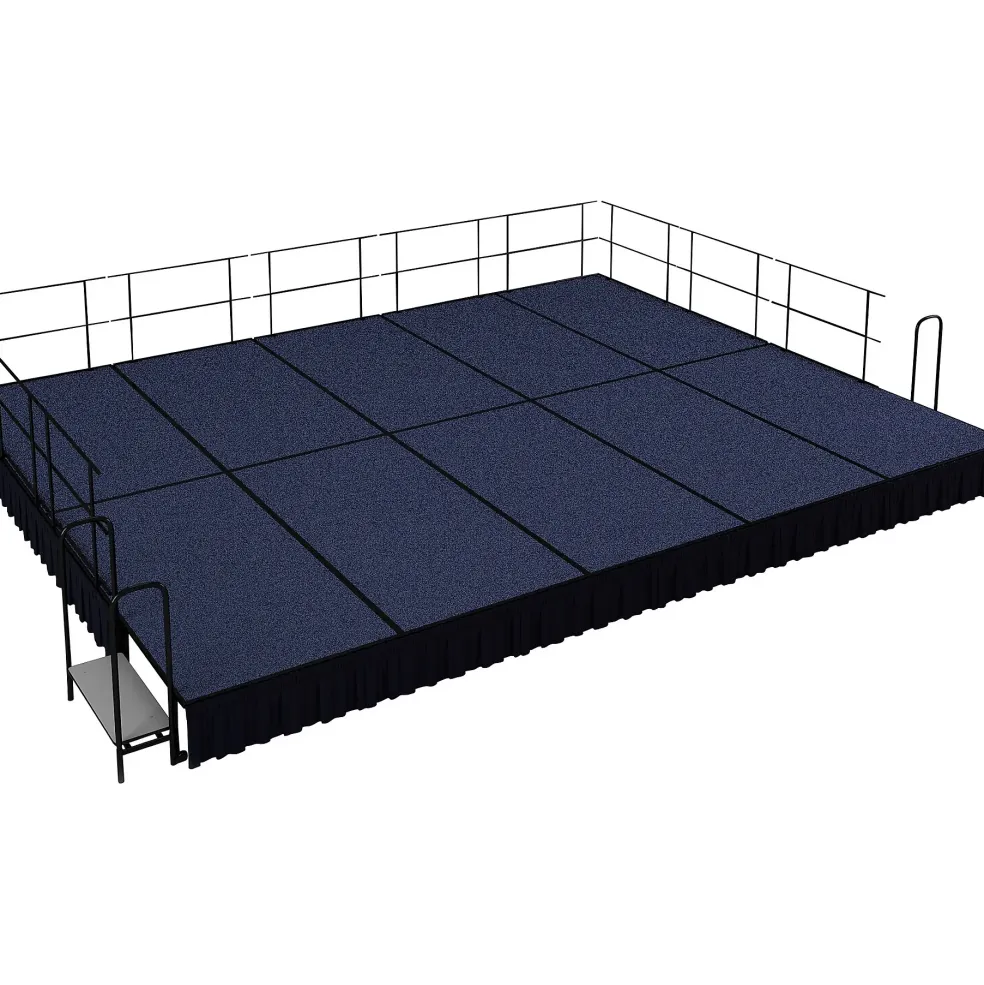 National Public Seating 16' x 20' Stage Package, 16" High with Shirred Pleat Black Skirting Blue Carpet