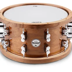 PDP by DW Limited-Edition Dark Stain Walnut and Maple Snare With Walnut Hoops and Chrome Hardware and Road Runner Bag