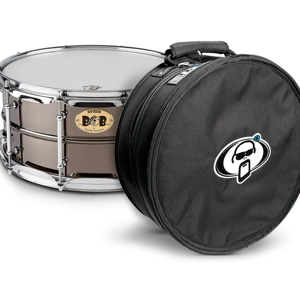 Pork Pie Big Black Brass Snare Drum With Tube Lugs and Chrome Hardware With Protection Racket Case